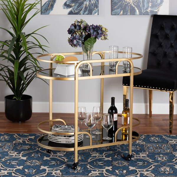 Baxton Studio Leighton Contemporary Glam and Luxe Gold Metal and Tempered Glass 2Tier Wine Cart 221-12525-ZORO